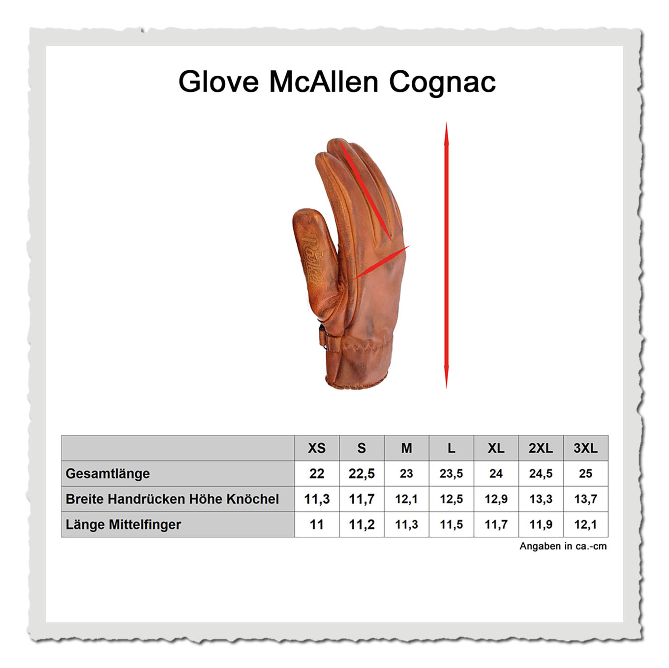 Masstabelle Motorradhandschuh mit Größen-Grafik und freigestelltem Handschuh vor hellem Hintergrund